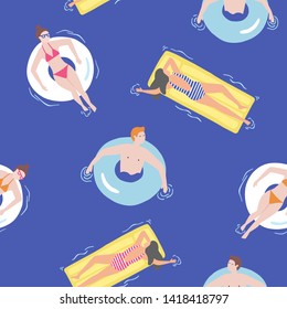 beach illustration in vector. People swim on mattresses and inflatable circles in the water