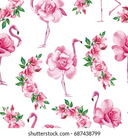 Beach image exotic wallpaper with a beautiful tropic pink flamingo and rose flowers. Seamless vector pattern composition on white background