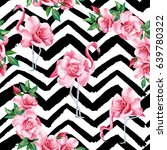 Beach image of a wallpaper with a beautiful tropic pink flamingo and rose flowers. Seamless vector composition on black and white zigzag background