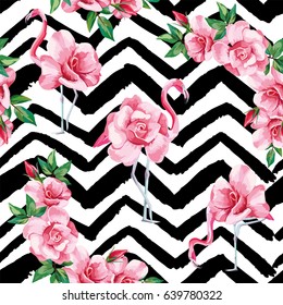 Beach image of a wallpaper with a beautiful tropic pink flamingo and rose flowers. Seamless vector composition on black and white zigzag background