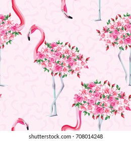 Beach image of a wallpaper with a beautiful tropic pink flamingo body of roses flowers. Seamless vector composition on pink abstract background