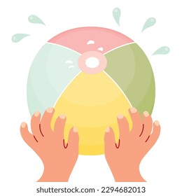 Beach inflatable ball and hands. Playing in the water during summer holidays.Colorful background for printing on fabric and paper.Vector cartoon flat style illustration isolated on white. 