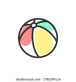 Símbolo de bola multicolor inflable de la playa. Icono lineal con formas coloridas. Ilustración del vector aislada en fondo blanco