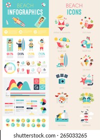 Beach Infographic set with charts and icons. Vector illustration.