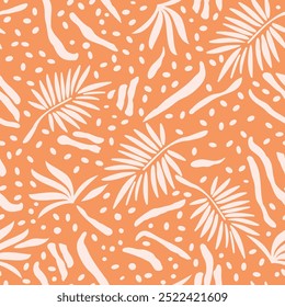 Vom Strand inspiriertes Doodle-Muster mit Palmblättern auf hellorangefarbenem Hintergrund. Vektor nahtloses Muster Design für Textilien, Mode, Papier, Verpackung, Verpackung und Branding