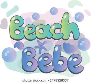 Diseño de texto inspirado en la playa con burbujas y conchas marinas. Camisa divertida de impresión. Arte de concepto de mar. Vibras de vacaciones de verano. 