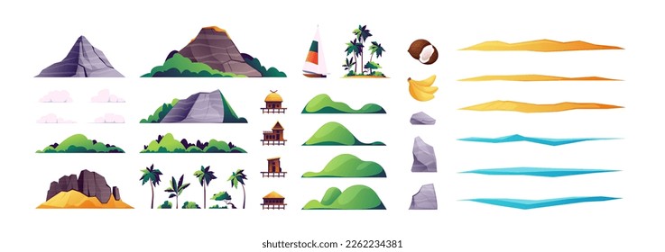 Beach island elements. Tropical landscape constructor with mountains hills palm trees stones, nature environment and recreation concept. Vector set. Land, sand with sea or ocean water