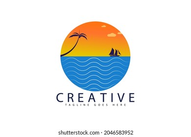 beach and island logo design with coconut tree view and sailing boat, circular beach icon vector design