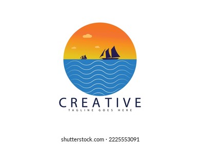 beach and island logo design with coconut tree view and sailing boat, circular beach icon vector design