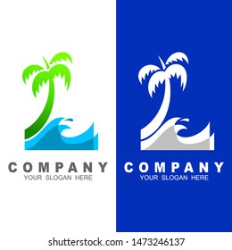 beach and island logo design, vector design of circular beach icons, palm tree sun water beach vacation icon logo 