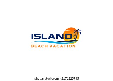 Beach island logo with palm coconut tree and sunset icon design water wave sea