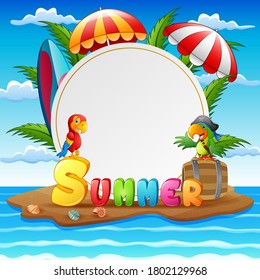 Beach island with pirate parrot in blue sky background