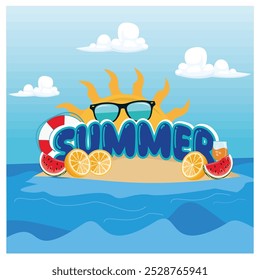 Isla de playa con Elementos de verano. Verano con cielo azul y fondo de nubes blancas. Concepto de verano. Ilustración vectorial plana.