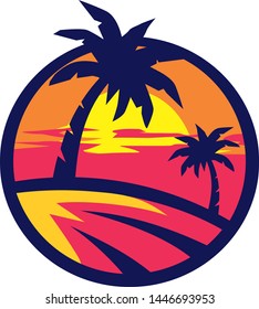 Beach Island. Sunset Logo Circle, Vector Retro