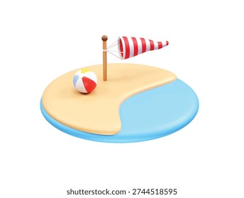 Beach island with windsock and beach ball illustration icon 3d rendering