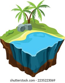 Beach isometric flying island. Tropical land texture