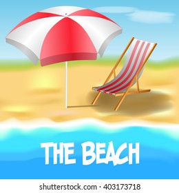 The Beach. Isometric umbrella and chair for a rest and sunbahing. Symbol of the best summer holiday by the sea. Sunshine weather. Vector illustration