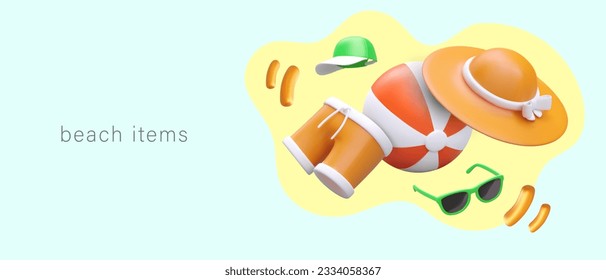 Beach items. 3D sun hat, ball, glasses, shorts, cap. Concept for summer clothes and accessories stores. Seasonal sale, summer collection. Template with place for offer, promotional ad