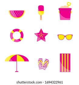 beach items in pink and yellow color illustration on white