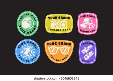 beach items retro badge logo set with coconut, camera, sunhat, sun, glasses, slipper. summer holiday vintage label patch sticker collection including beach items, drinks, treats
