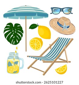 Itens de praia definidos com cadeira de salão chaise, chapéu de palha, limonada. Limões e limonada refrescante em uma caneca. Óculos de sol com reflexo da paisagem do mar. Clipart vetorial ilustrado. Mão sem empate.