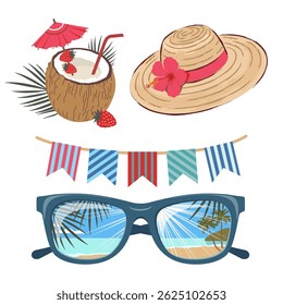 Beach items set with sunglasses, wicker hat, coconut cocktail. Brightly colored beach stuff. Illustrated vector clipart. Hand draw no ai.