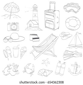 beach items. set of travel and diving objects. outline version. drawing by hand  vector illustration