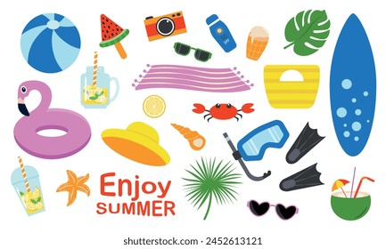 Beach items for summer holidays at the sea, ocean, lake. Vacation accessories. Set of travel items. Flat vector illustration on white background