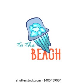 To the beach. Jellyfish and text isolated on white background. Colorful cartoon illustration. 