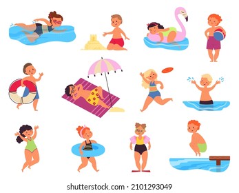 Beach kids. Child resort, summer sea activity. Cartoon children playing with sand and water, swimming and relaxed. Boys girls wear swimsuits, decent vector set