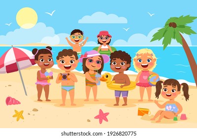 Beach kids. Happy children summer holidays, cute boys and girls in swimsuits playing with toys sand and splash near the shore, sea vacation. Tropical resort, seaside landscape vector cartoon concept