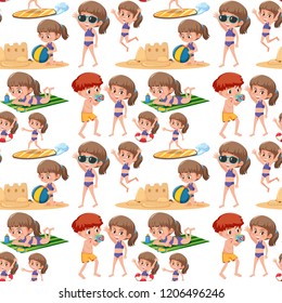 Beach kids seamless pattern illustration