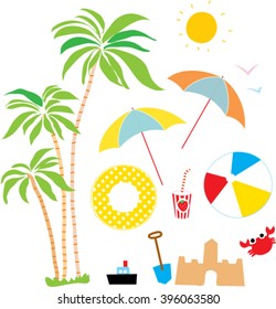 Beach kids summer set. Vector illustration of a sun umbrella, ball, sand castle, palms, cocktail, crab, swimming ring, sun, ferry isolated on white.