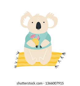 Beach koala illustration. Summer animal concept. Holiday Vector illustration