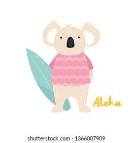 Beach koala illustration. Surfer animal concept. Summer Vector illustration