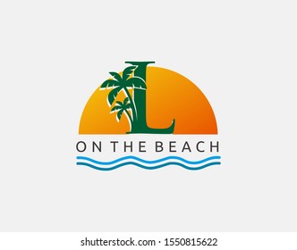 Beach L Letter Icon. Sunset and Palm Tree Letter L Logo Icon. Perfect for surfing shop, sport, Tour and Travel. Initial L with sea wave and palm tree.