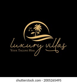 Beach or land with birds, umbrella, coconut tree, and waves image graphic icon logo design abstract concept vector stock. Can be used as a symbol related to vacation or travel.
