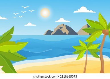 Beach landscape abstract concept. Colorful poster with tropical island with mountains, beach, ocean, sun and palm trees. Nature and environment. Cartoon contemporary flat vector illustration