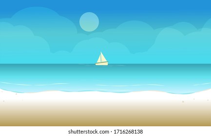 The Beach landscape background with sailboat in the sea ocean. Vector illustration.