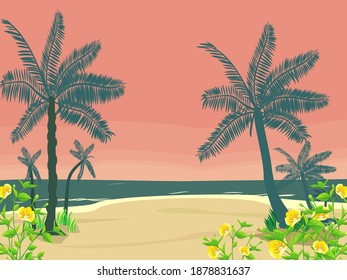Beach landscape background, there are palm trees and beautiful flowers. Vector illustration