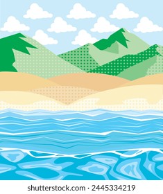 Paisaje de playa con cielo azul, nube esponjosa, montañas verdes y agua azul en un lindo estilo de diseño plano