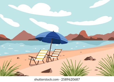 Beach landscape with beach chair and umbrella on the seashore. Summer vacation cartoon vector concept