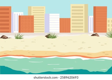 Beach landscape with beach chair and umbrella on the seashore. Summer vacation cartoon vector concept