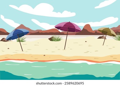 Beach landscape with beach chair and umbrella on the seashore. Summer vacation cartoon vector concept