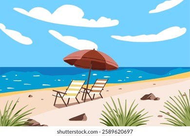 Beach landscape with beach chair and umbrella on the seashore. Summer vacation cartoon vector concept