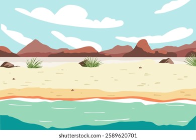 Beach landscape with beach chair and umbrella on the seashore. Summer vacation cartoon vector concept