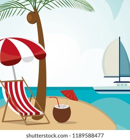 beach landscape with chair and umbrella scene