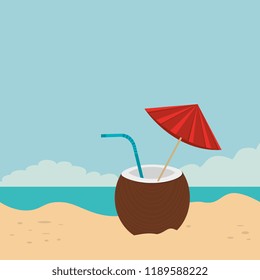 beach landscape with coconut cocktail scene