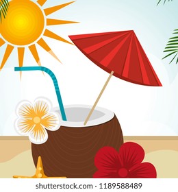 beach landscape with coconut cocktail scene