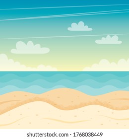 Beach landscape. Colorful summer design. Vector illustration in flat style